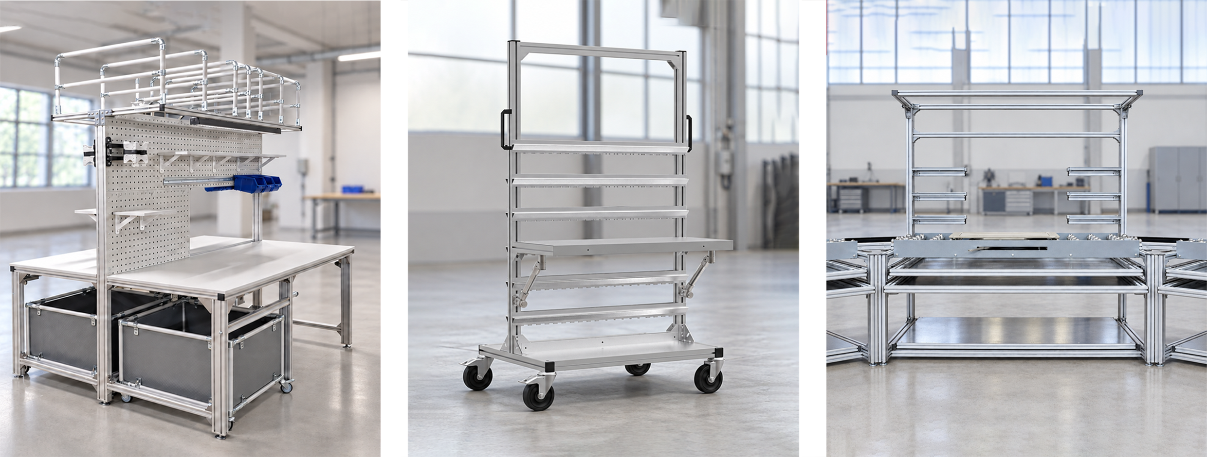 Arbeitstisch, mobiler Transportwagen und Kugelrollenbahn aus Aluminiumprofilen