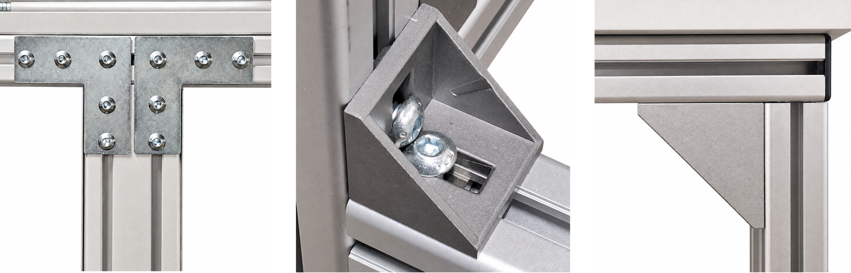 Verbindungsplatten, Winkel und Aussteifungen an Konstruktionen aus Aluminiumprofilen