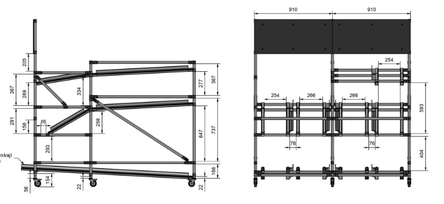 Technische Zeichnung einer One Piece Flow Produktionslinie mit Rollenbahnen und modularer Konstruktion von Metalsteel